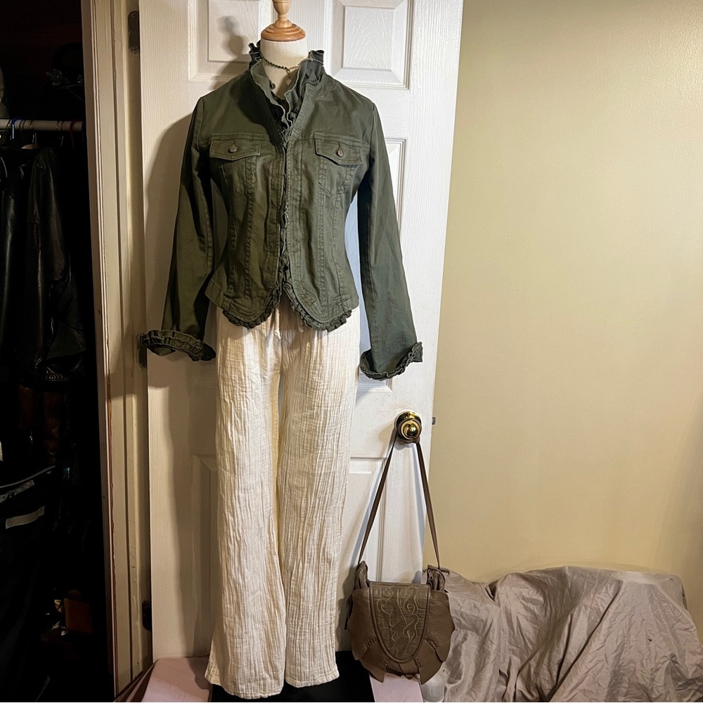 Anthropologie Louie Wms Olive Green‎ Cotton Denim Ruffle Boho Crop Jacket 6